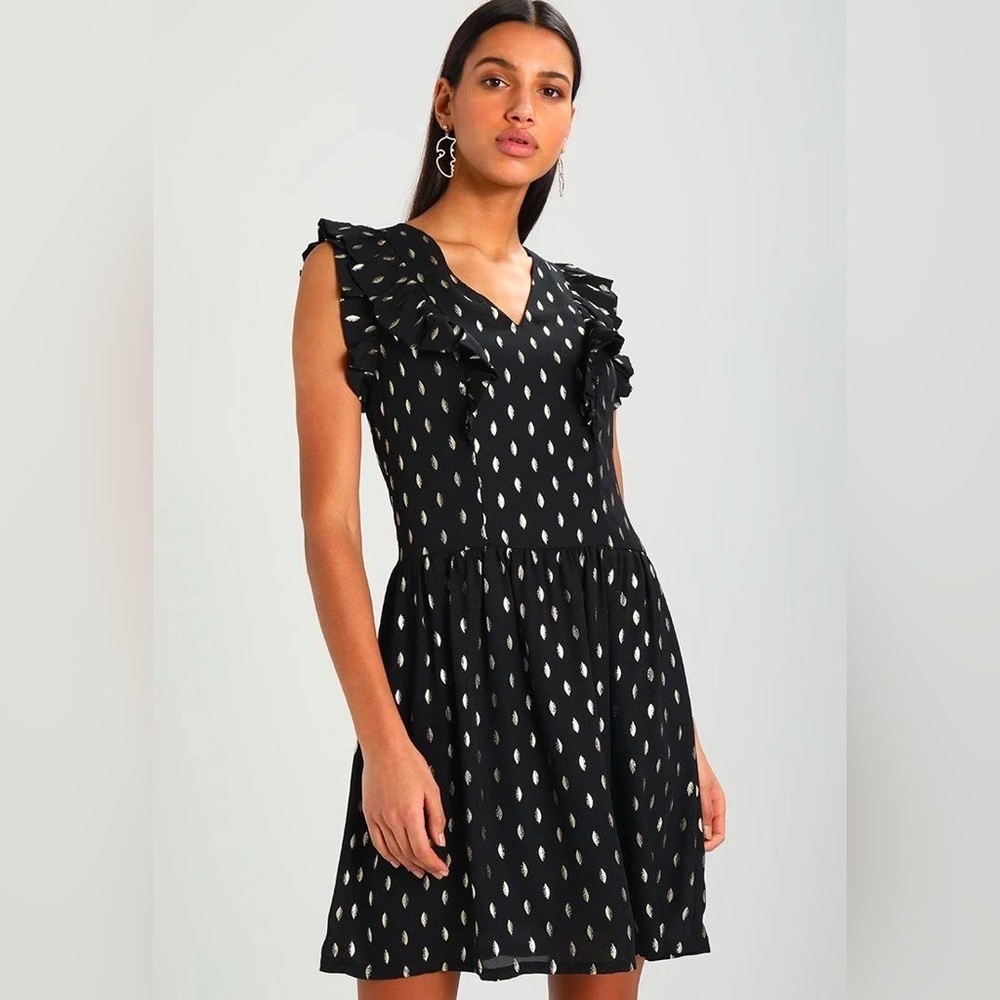 Anthropologie See You Soon Dress Ruffle Sleeve Black and Gold Size Small